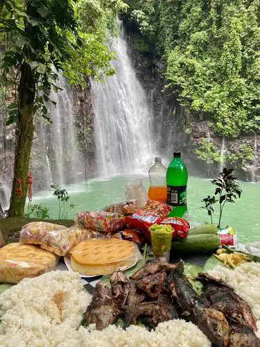 Food and the waterfall.